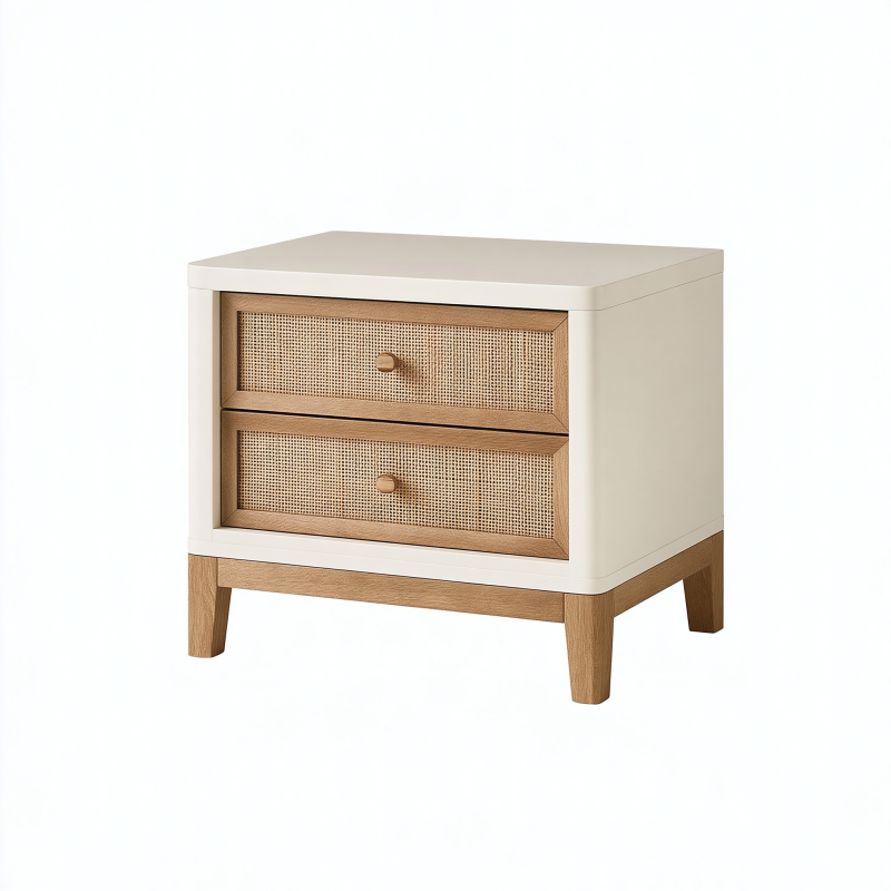 Nachttisch 60 x 40 x 60 cm Holzwerkstoff Weiß Natur mit Rattangeflecht und 2 Schubladen