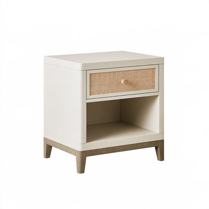 Nachttisch 45 x 40 x 55 cm aus Holzwerkstoff in Creme mit Rattanschublade im modernen Stil