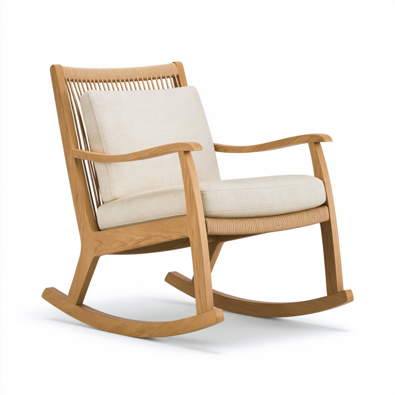 Schaukelstuhl 100 x 68 x 92 cm Holz Natur mit Stoffbezug Creme Geflecht