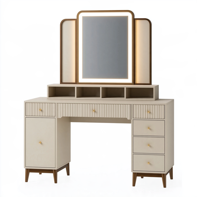 Schminktisch-Set 120 x 45 cm Beige MDF mit LED-Spiegel klassisch
