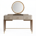 Schminktisch 140 cm Beige Braun Gold Holzwerkstoff mit 3 Schubladen und rundem Spiegel