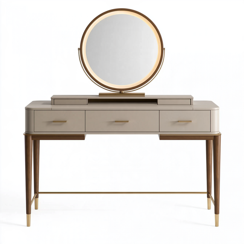 Schminktisch 140 cm Beige Braun Gold Holzwerkstoff mit 3 Schubladen und rundem Spiegel