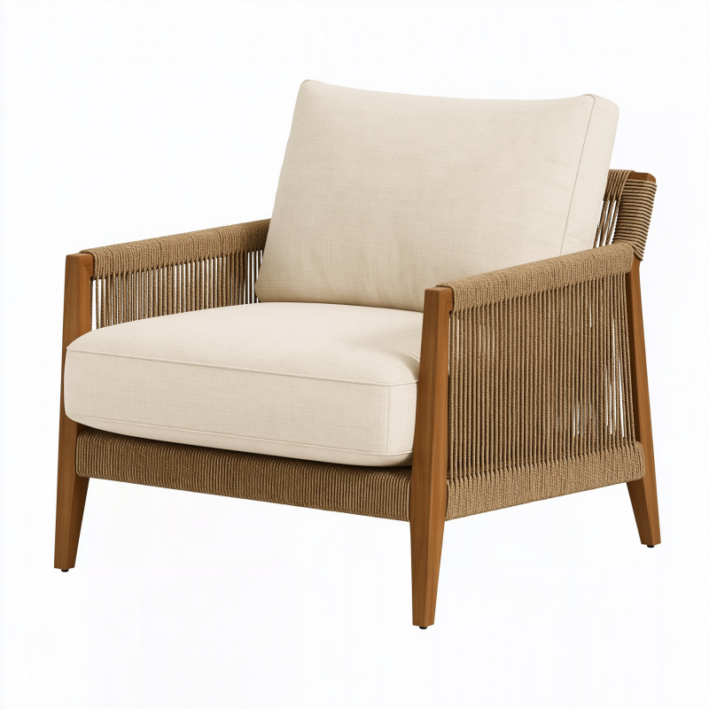 Sessel 78 x 75 x 85 cm aus Holz Beige mit Textilbezug und Seilbespannung im modernen Stil