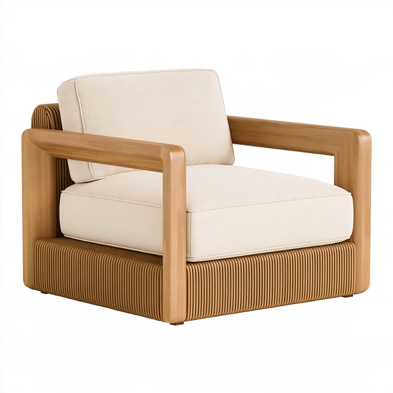 Sessel 90 x 85 x 75 cm aus Holz und Textil in Natur/Creme mit geflochtenem Untergestell