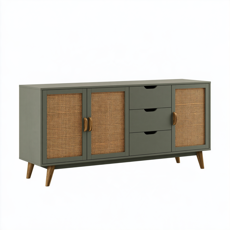 Sideboard 160 x 40 x 75 cm aus Holzwerkstoff in Grau mit Rattangeflecht im Mid-Century-Stil