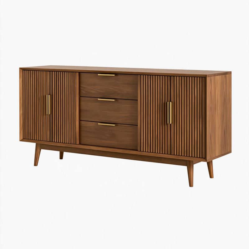 Sideboard 180 x 45 x 85 cm aus Holz in Walnussbraun mit Lamellentüren und Schubladen