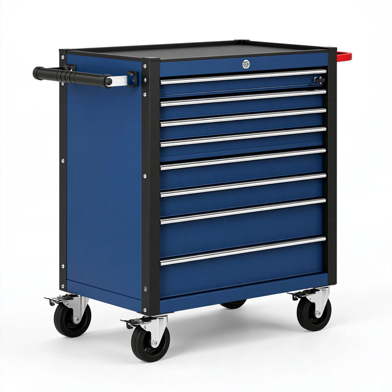 Werkzeugwagen 77 x 46 x 97 cm aus Stahl blau schwarz mit 7 Schubladen rollbar