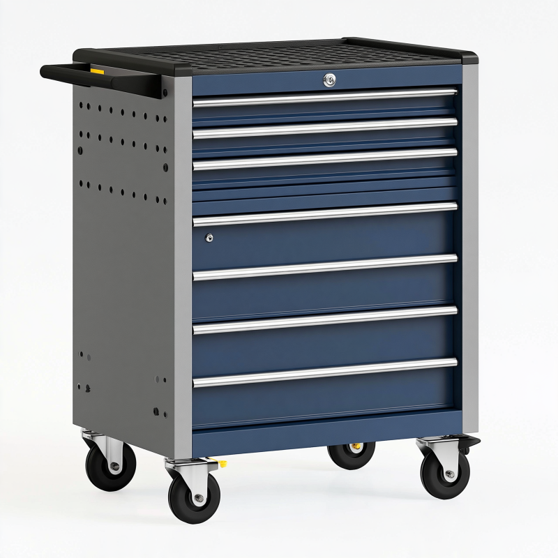 Werkzeugwagen 76 x 46 x 97 cm aus Stahl Blau Grau mit 7 Schubladen und Rollen